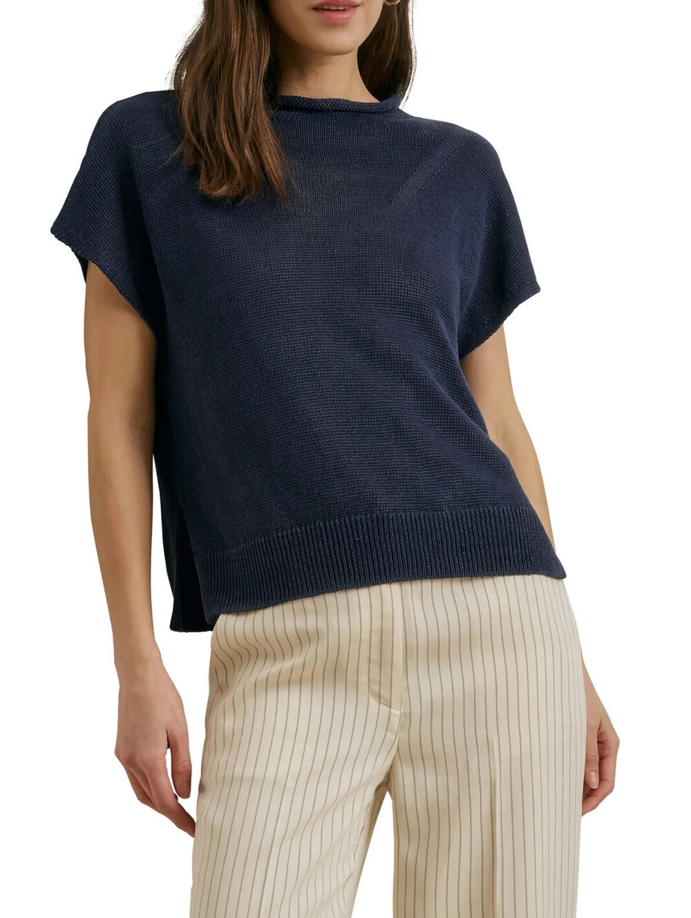 NEW, Favorite Daughter The Stevie Short Sleeve Linen Sweater in Navy Sz L #T4115